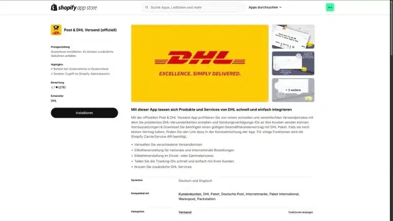 Shopify DHL App im Shopify App Store