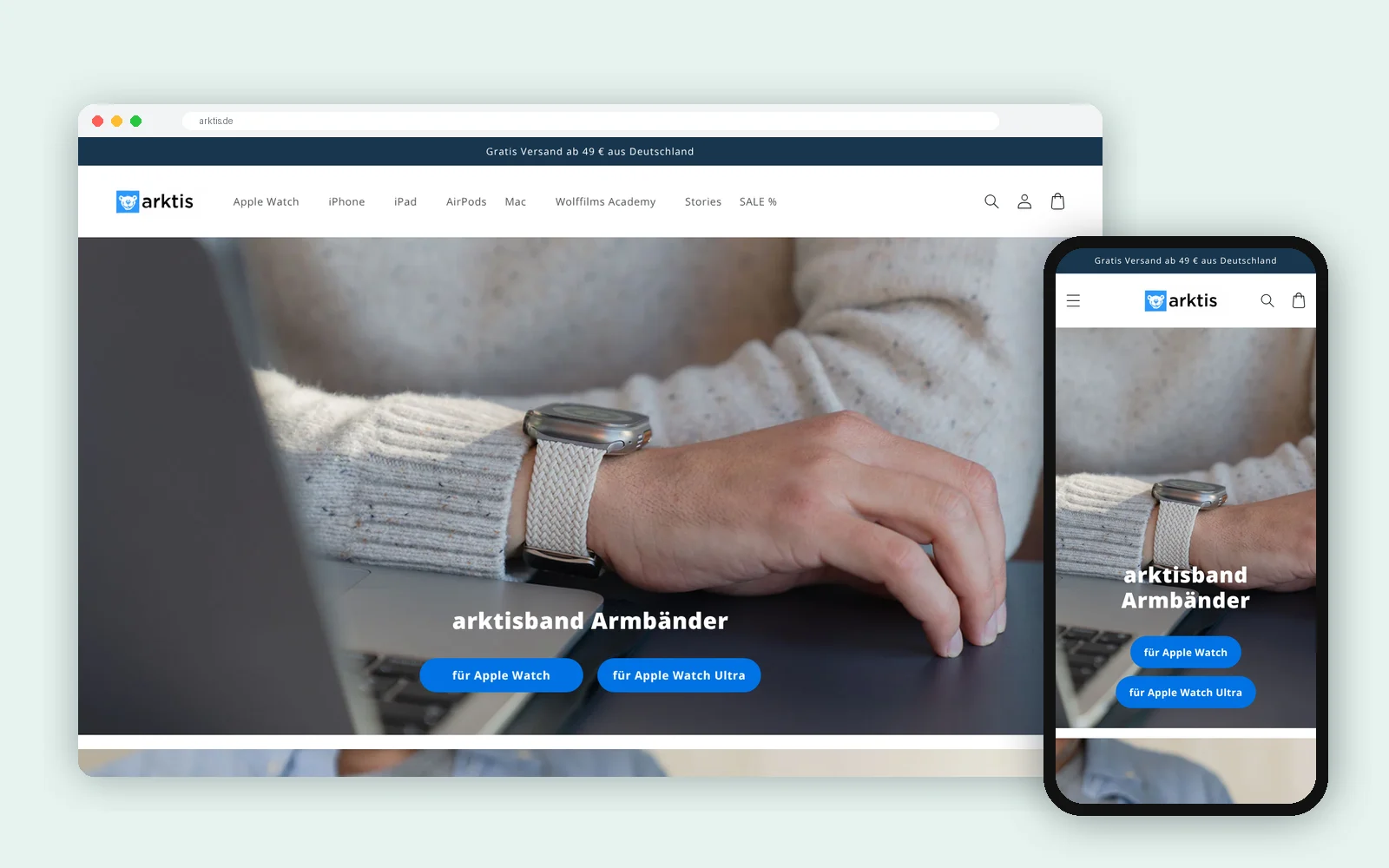 Shopify Shop von arktis.de auf Desktop und Smartphone