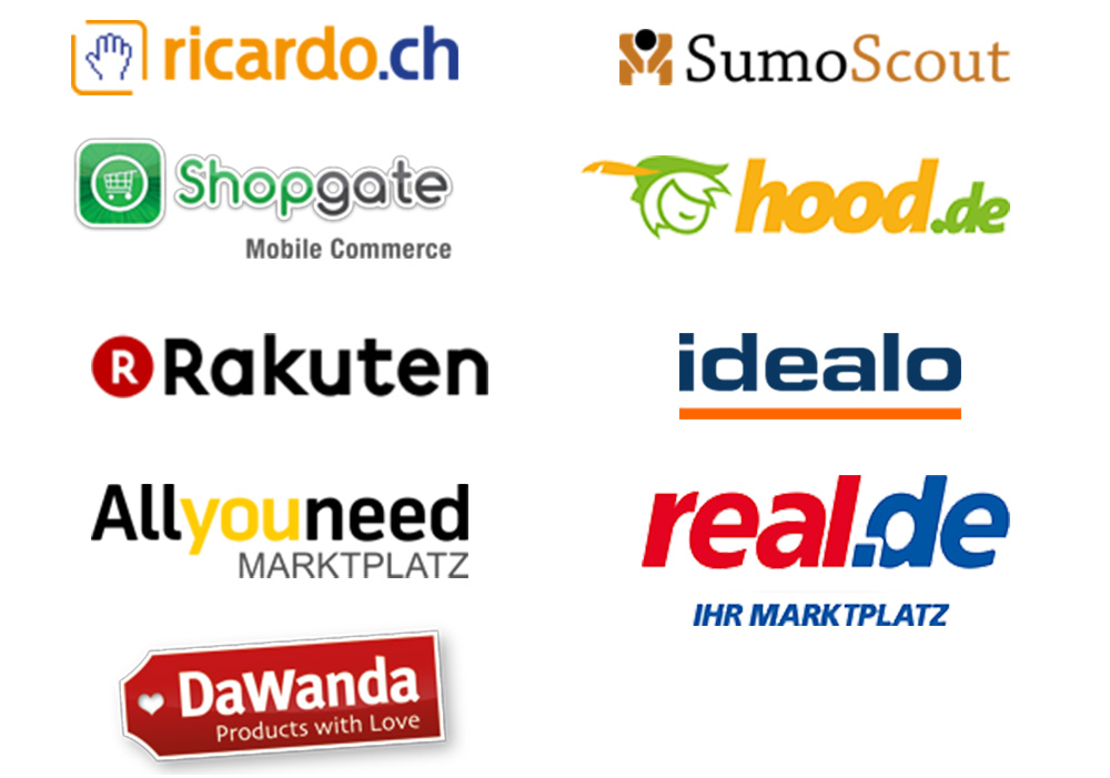 Marktplätze: Rakuten, hood.de, Allyouneed, Shopgate, SumoScout, real.de, ricardo.ch, DaWanda, idealo