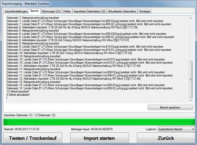 Anzeigenmonitor beim Importvorgang
