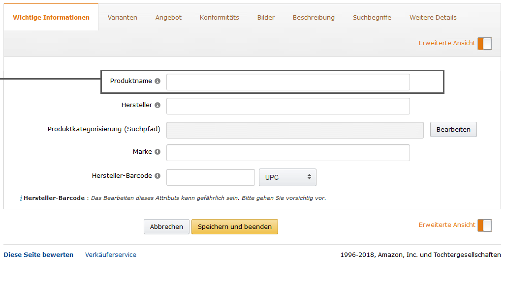 Amazon Seller Center Produktname