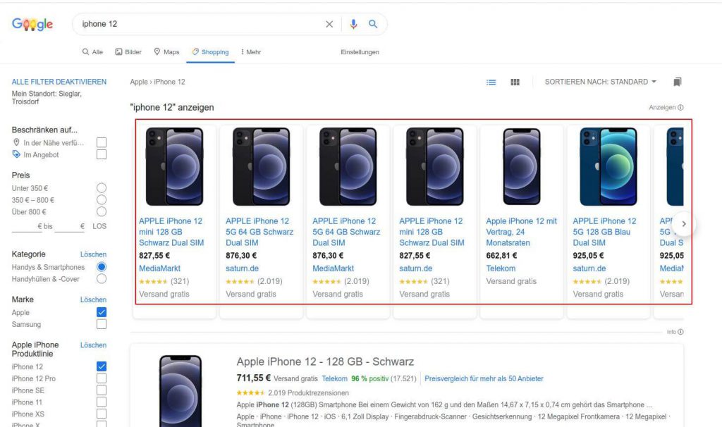 Google Shopping Suchergebnisse