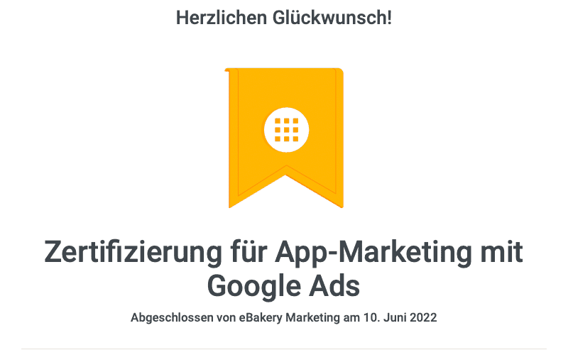 Google Ads Zertifizierung für App Marketing eBakery
